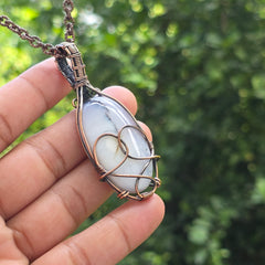 Dendrite Opal Gemstone Handmade Copper Wire Wrap Chain Pendant 2.75" Sunkarton