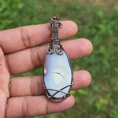 Dendrite Opal Gemstone Handmade Copper Wire Wrap Chain Pendant 2.75" Sunkarton