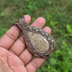 Dinosaur Bone Fossil Gemstone Handmade Copper Wire Wrap Chain Pendant 2.95" Sunkarton