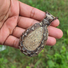 Dinosaur Bone Fossil Gemstone Handmade Copper Wire Wrap Chain Pendant 2.95" Sunkarton