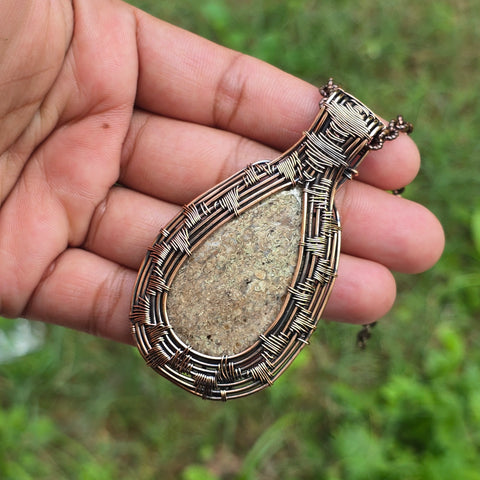 Dinosaur Bone Fossil Gemstone Handmade Copper Wire Wrap Chain Pendant 2.95
