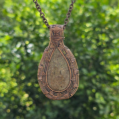 Dinosaur Bone Fossil Gemstone Handmade Copper Wire Wrap Chain Pendant 2.95" Sunkarton