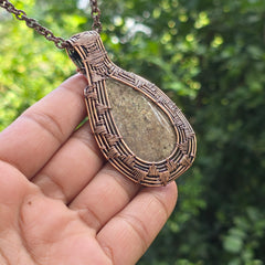 Dinosaur Bone Fossil Gemstone Handmade Copper Wire Wrap Chain Pendant 2.95" Sunkarton