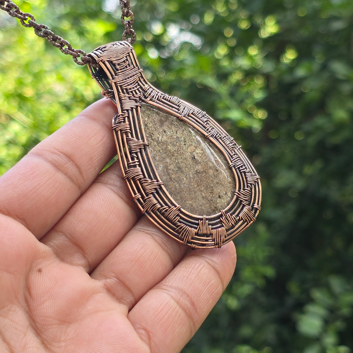 Dinosaur Bone Fossil Gemstone Handmade Copper Wire Wrap Chain Pendant 2.95" Sunkarton
