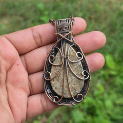 Dinosaur Bone Fossil Gemstone Handmade Copper Wire Wrap Chain Pendant 2.95" Sunkarton
