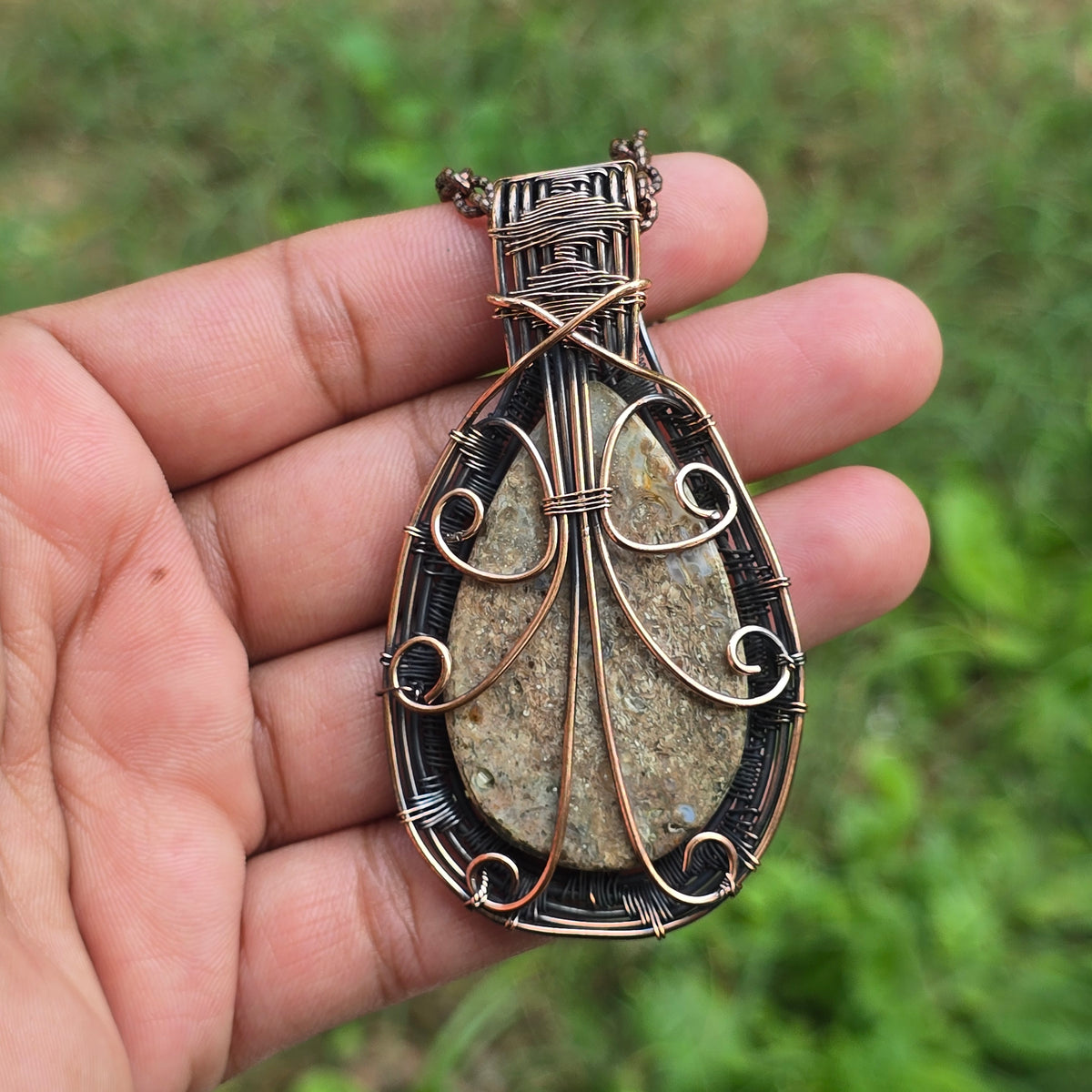 Dinosaur Bone Fossil Gemstone Handmade Copper Wire Wrap Chain Pendant 2.95" Sunkarton