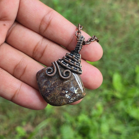 Thunder agate Gemstone Handmade Copper Wire Wrap Chain Pendant 2.16