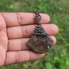 Thunder agate Gemstone Handmade Copper Wire Wrap Chain Pendant 2.16" Sunkarton