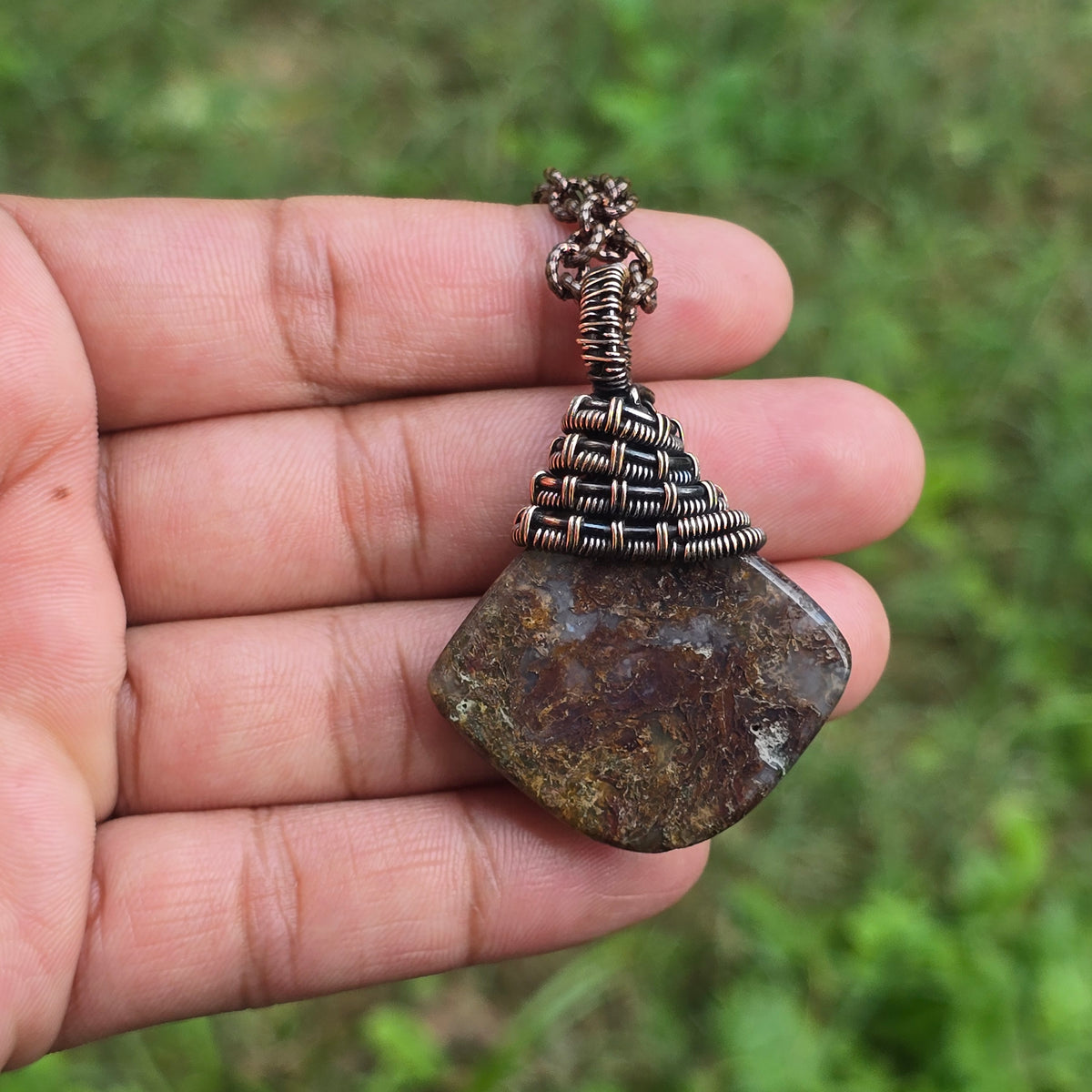 Thunder agate Gemstone Handmade Copper Wire Wrap Chain Pendant 2.16" Sunkarton