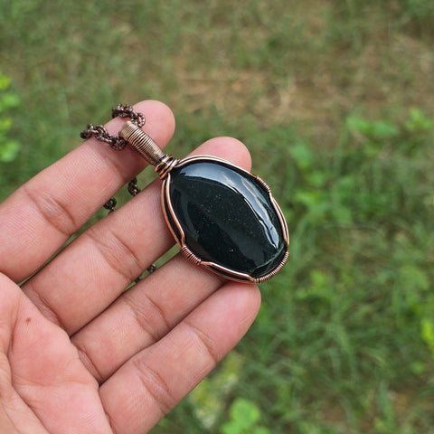 Green Moos Agate Gemstone Handmade Copper Wire Wrap Chain Pendant 2.55