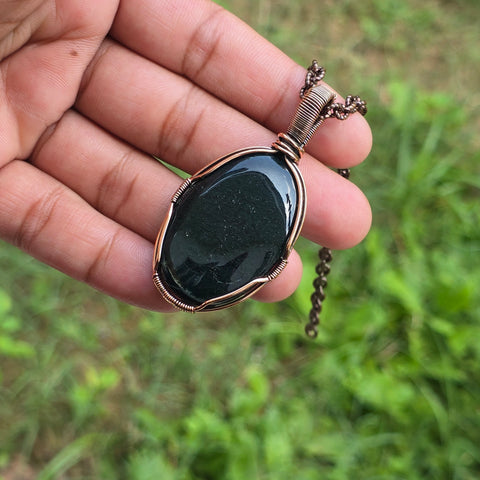 Green Moos Agate Gemstone Handmade Copper Wire Wrap Chain Pendant 2.55