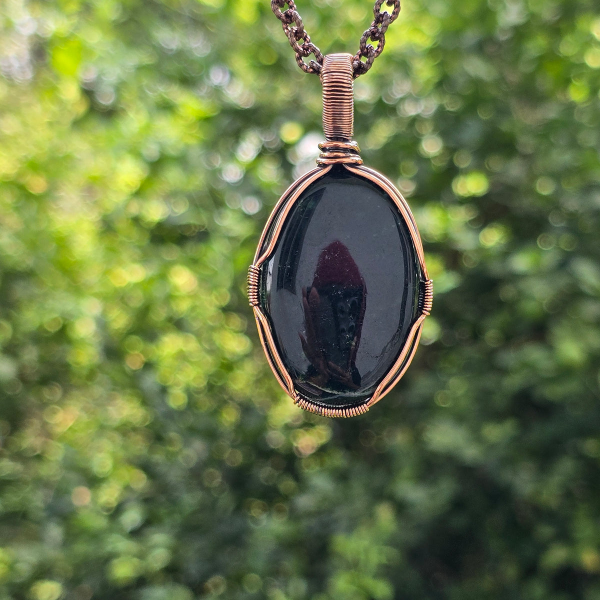 Green Moos Agate Gemstone Handmade Copper Wire Wrap Chain Pendant 2.55" Sunkarton