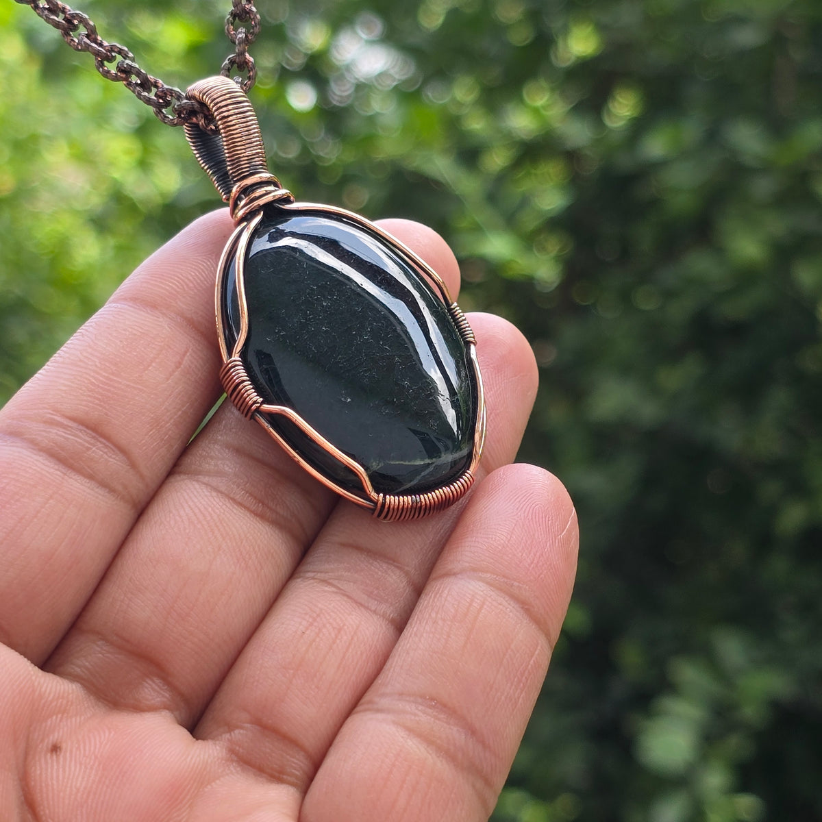 Green Moos Agate Gemstone Handmade Copper Wire Wrap Chain Pendant 2.55" Sunkarton