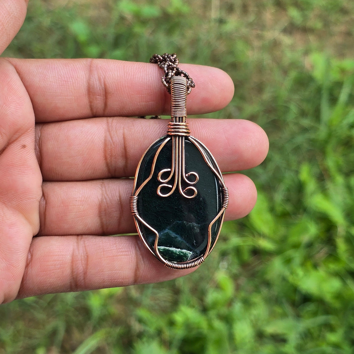 Green Moos Agate Gemstone Handmade Copper Wire Wrap Chain Pendant 2.55" Sunkarton