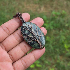 Khambaba Jasper Gemstone Handmade Copper Wire Wrap Chain Pendant 2.75" Sunkarton