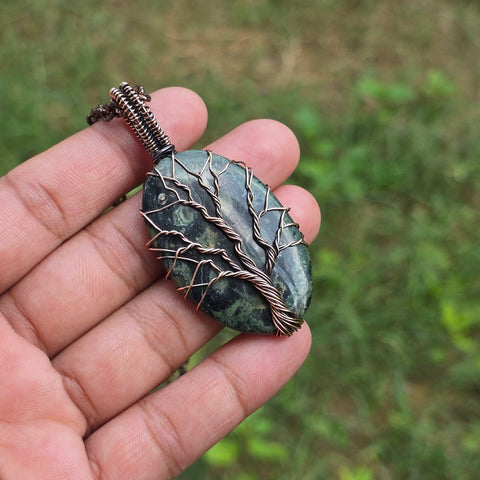 Khambaba Jasper Gemstone Handmade Copper Wire Wrap Chain Pendant 2.75