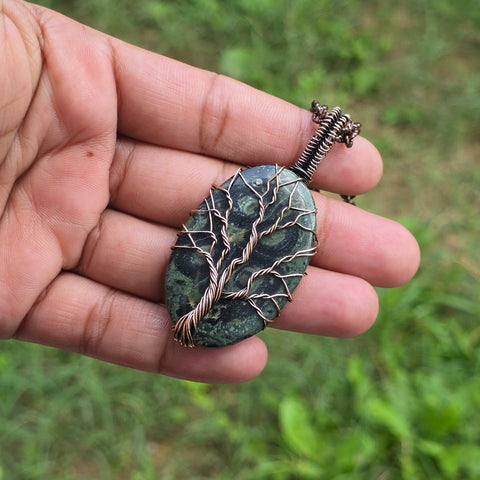 Khambaba Jasper Gemstone Handmade Copper Wire Wrap Chain Pendant 2.75