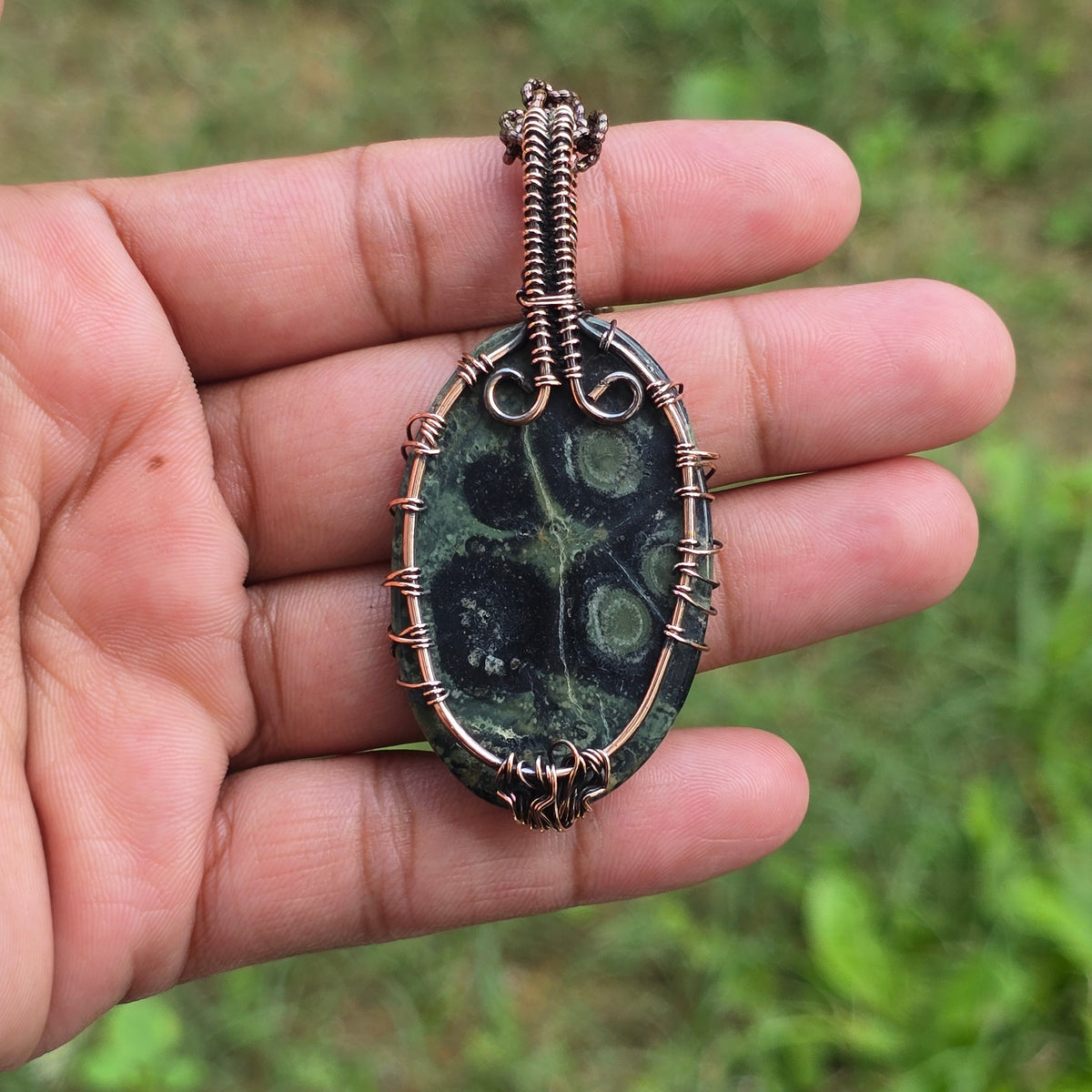 Khambaba Jasper Gemstone Handmade Copper Wire Wrap Chain Pendant 2.75" Sunkarton
