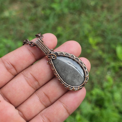 Silver Obsidian Gemstone Handmade Copper Wire Wrap Chain Pendant 2.16