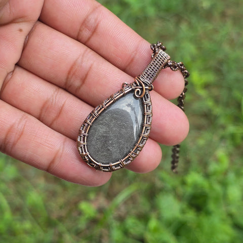 Silver Obsidian Gemstone Handmade Copper Wire Wrap Chain Pendant 2.16