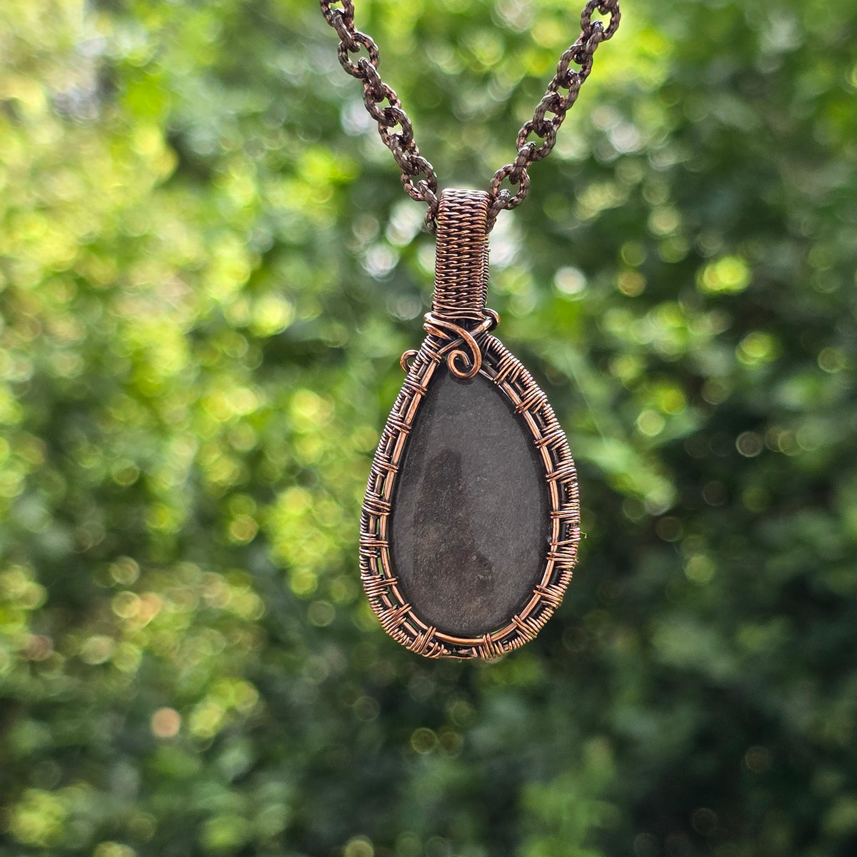 Silver Obsidian Gemstone Handmade Copper Wire Wrap Chain Pendant 2.16" Sunkarton