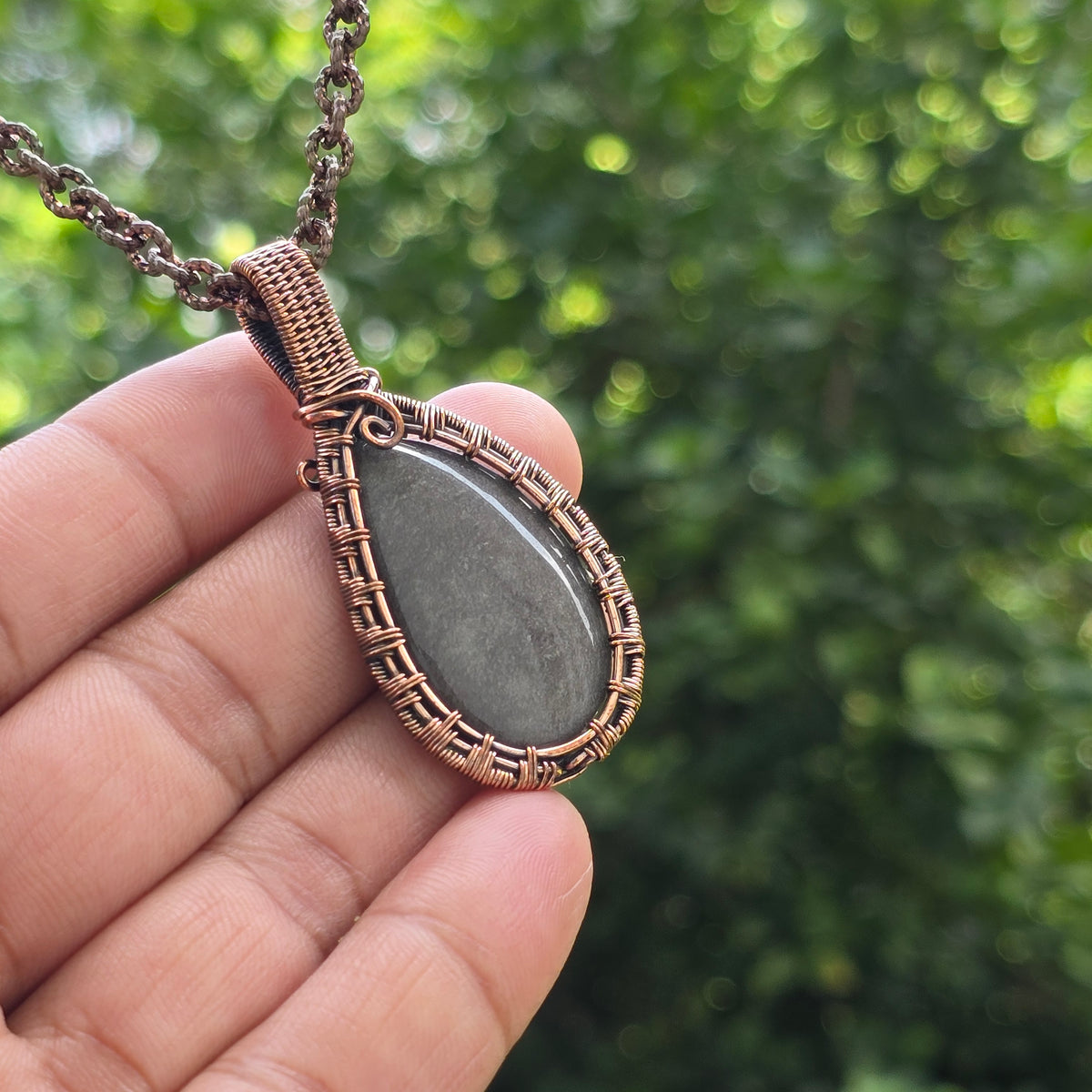 Silver Obsidian Gemstone Handmade Copper Wire Wrap Chain Pendant 2.16" Sunkarton