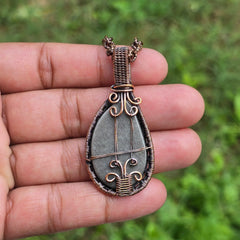 Silver Obsidian Gemstone Handmade Copper Wire Wrap Chain Pendant 2.16" Sunkarton