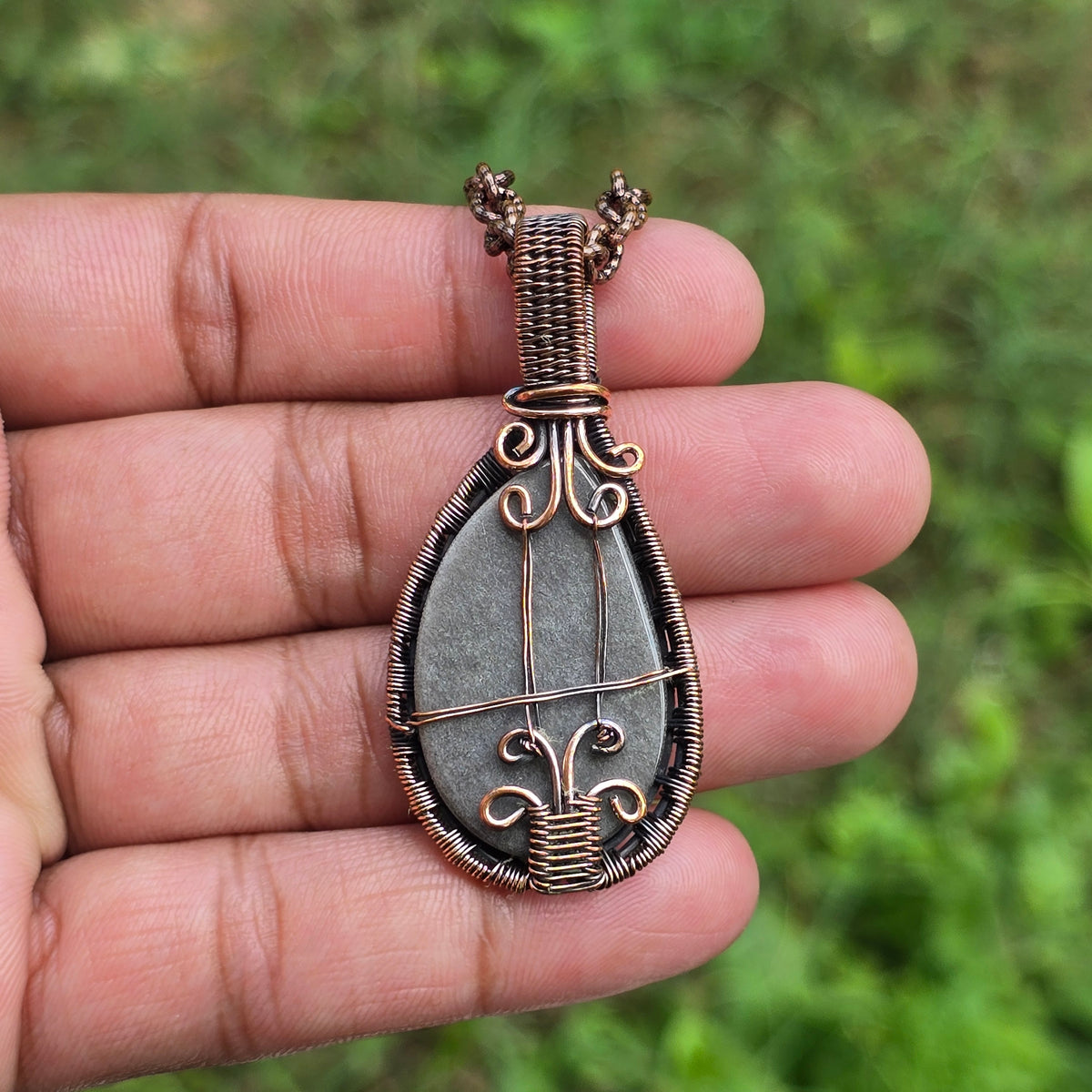 Silver Obsidian Gemstone Handmade Copper Wire Wrap Chain Pendant 2.16" Sunkarton
