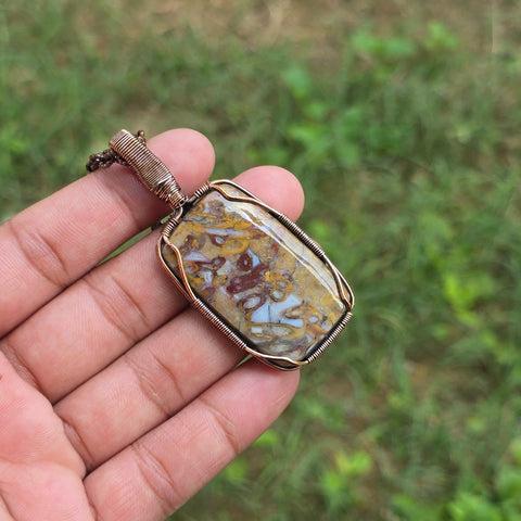 Red Plum Root Agate Gemstone Handmade Copper Wire Wrap Chain Pendant 2.75