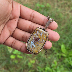 Red Plum Root Agate Gemstone Handmade Copper Wire Wrap Chain Pendant 2.75" Sunkarton