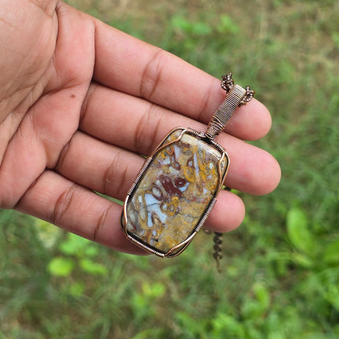 Red Plum Root Agate Gemstone Handmade Copper Wire Wrap Chain Pendant 2.75