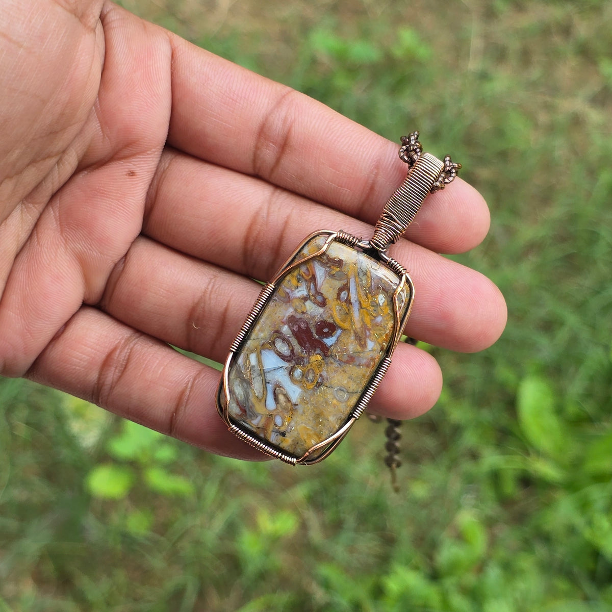 Red Plum Root Agate Gemstone Handmade Copper Wire Wrap Chain Pendant 2.75" Sunkarton