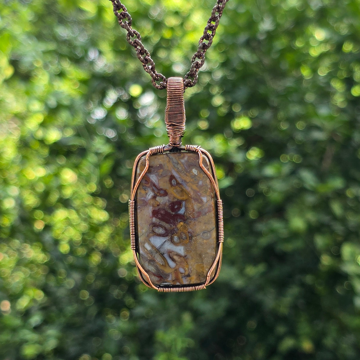 Red Plum Root Agate Gemstone Handmade Copper Wire Wrap Chain Pendant 2.75" Sunkarton