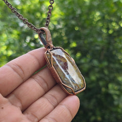 Red Plum Root Agate Gemstone Handmade Copper Wire Wrap Chain Pendant 2.75" Sunkarton