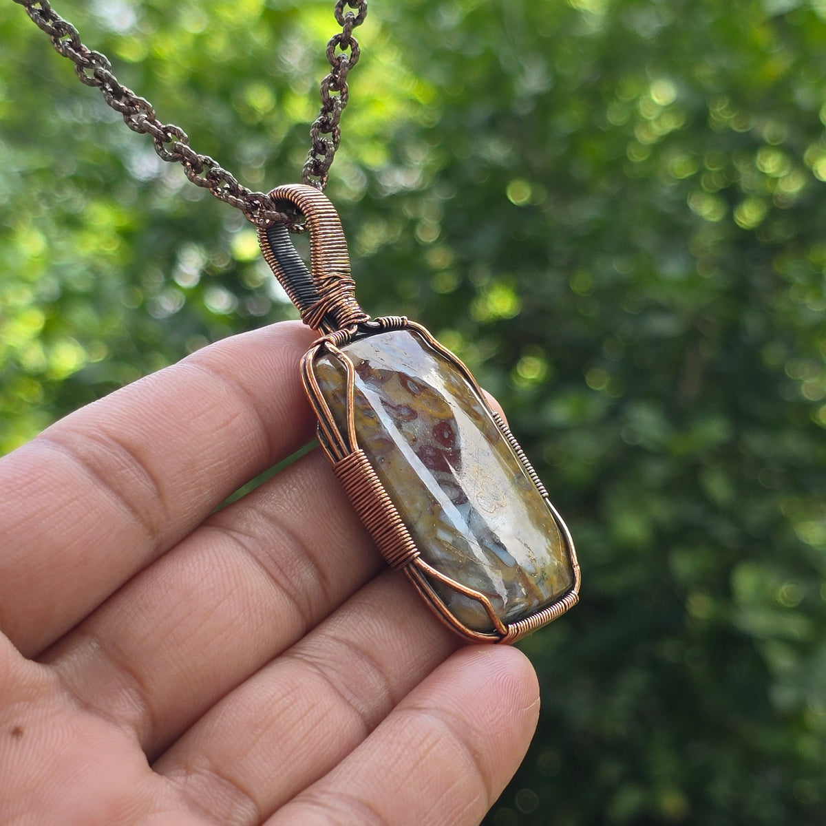 Red Plum Root Agate Gemstone Handmade Copper Wire Wrap Chain Pendant 2.75" Sunkarton