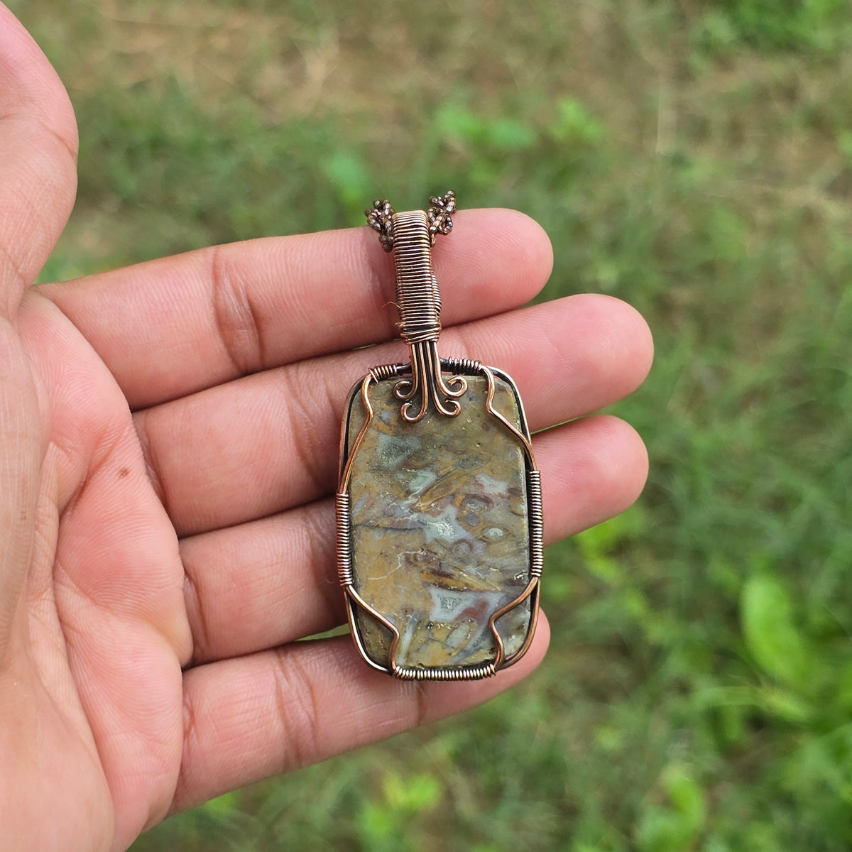 Red Plum Root Agate Gemstone Handmade Copper Wire Wrap Chain Pendant 2.75" Sunkarton