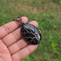 Black Onyx Gemstone Handmade Copper Wire Wrap Chain Pendant 2.36" Sunkarton