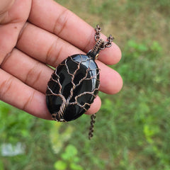 Dendrite Opal Gemstone Handmade Copper Wire Wrap Chain Pendant 2.55" Sunkarton