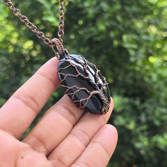 Black Onyx Gemstone Handmade Copper Wire Wrap Chain Pendant 2.36" Sunkarton