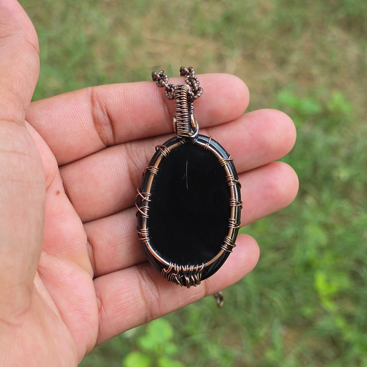 Black Onyx Gemstone Handmade Copper Wire Wrap Chain Pendant 2.36" Sunkarton
