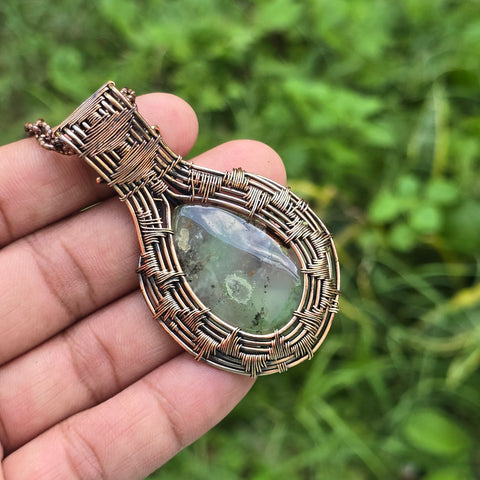 Chrysoprase Gemstone Handmade Copper Wire Wrap Chain Pendant 2.75