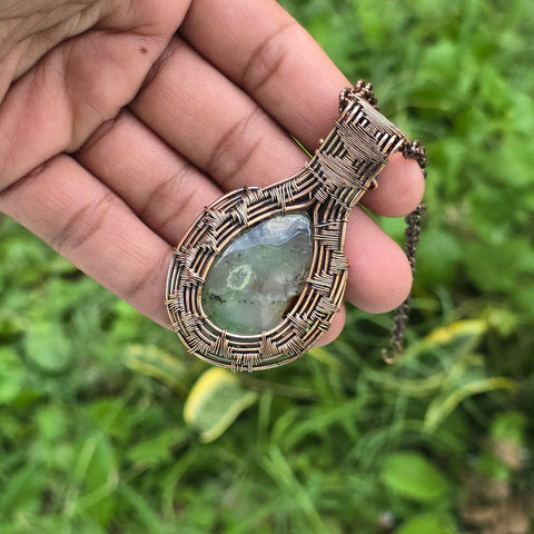 Chrysoprase Gemstone Handmade Copper Wire Wrap Chain Pendant 2.75