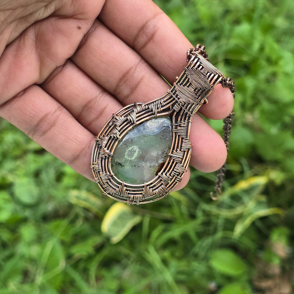 Chrysoprase Gemstone Handmade Copper Wire Wrap Chain Pendant 2.75" Sunkarton