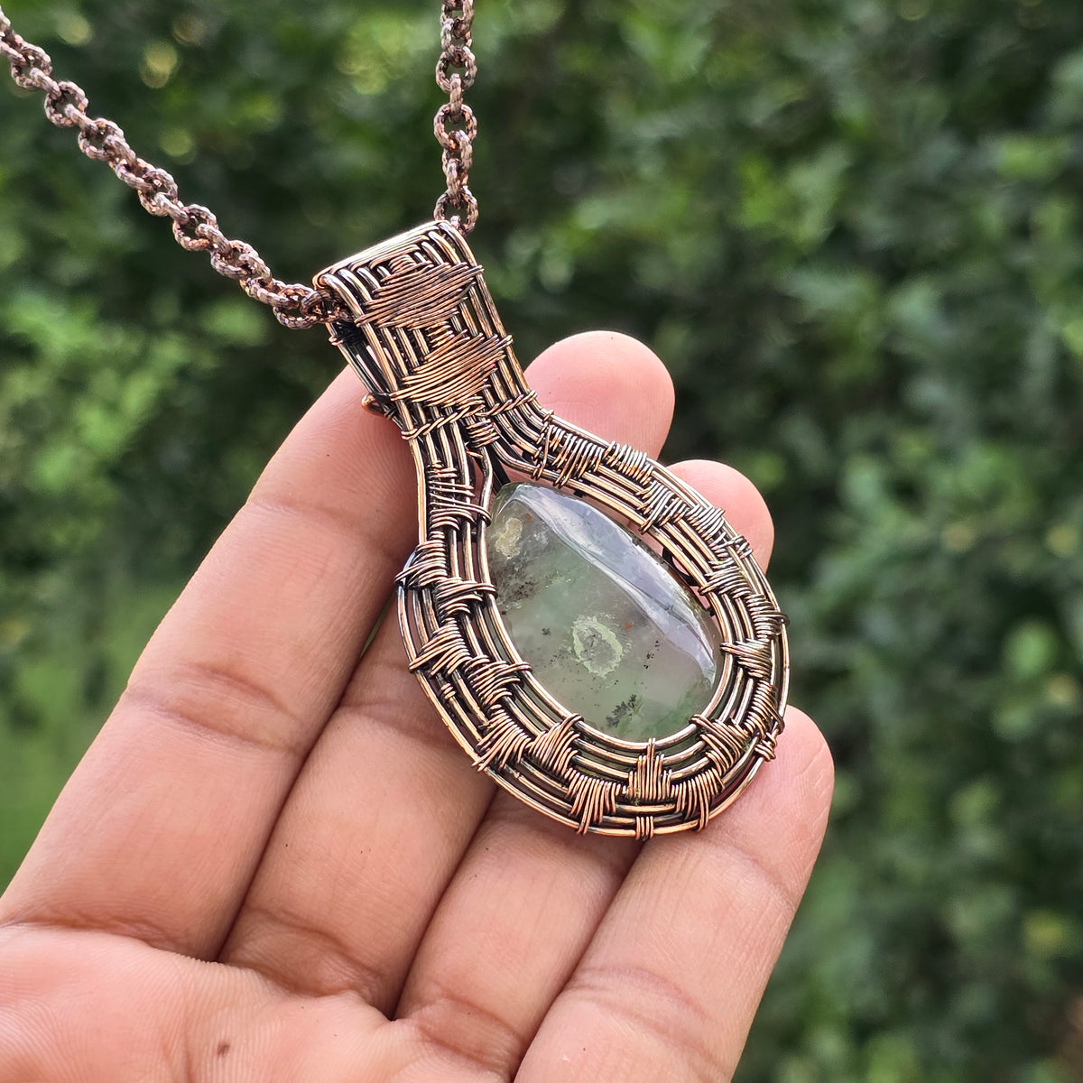 Chrysoprase Gemstone Handmade Copper Wire Wrap Chain Pendant 2.75" Sunkarton