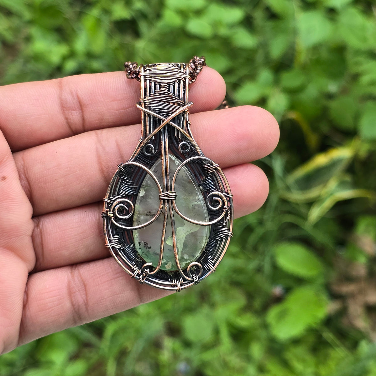 Chrysoprase Gemstone Handmade Copper Wire Wrap Chain Pendant 2.75" Sunkarton