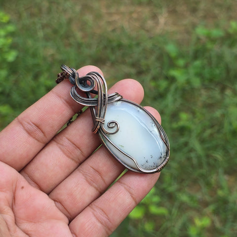 Dendrite Opal Gemstone Handmade Copper Wire Wrap Chain Pendant 2.95