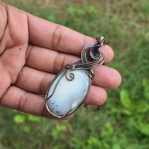 Dendrite Opal Gemstone Handmade Copper Wire Wrap Chain Pendant 2.95