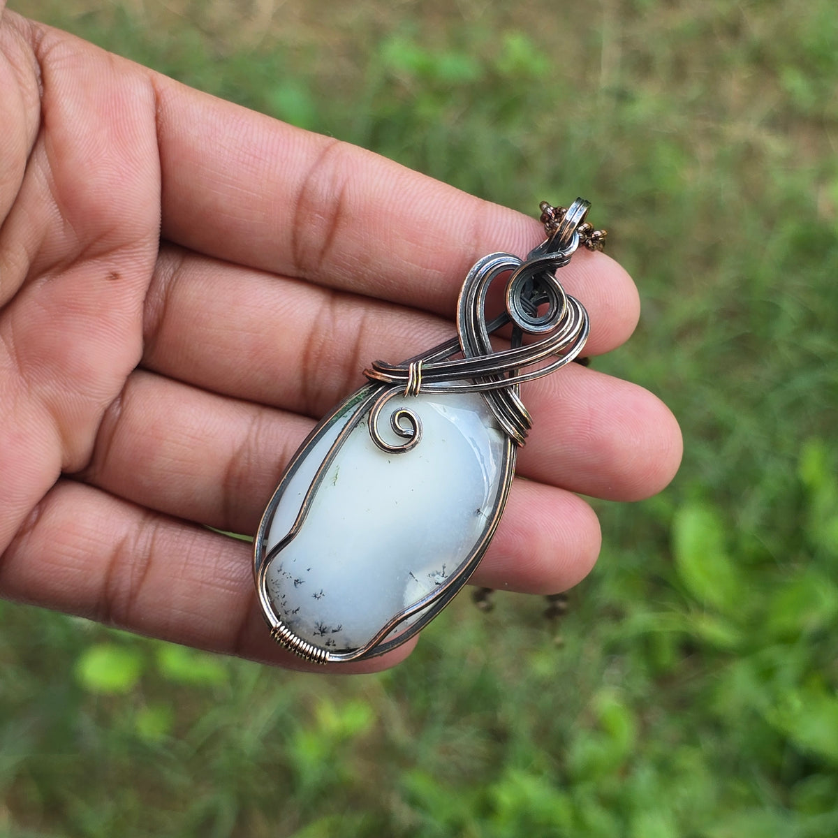 Dendrite Opal Gemstone Handmade Copper Wire Wrap Chain Pendant 2.95" Sunkarton