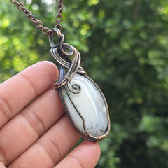 Dendrite Opal Gemstone Handmade Copper Wire Wrap Chain Pendant 2.95" Sunkarton