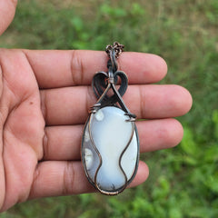 Dendrite Opal Gemstone Handmade Copper Wire Wrap Chain Pendant 2.95" Sunkarton